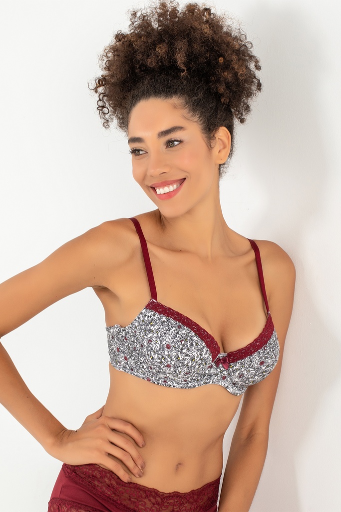 Miorre Floral Push-Up Padded Floral Pattern Bra  - BURGUNDY